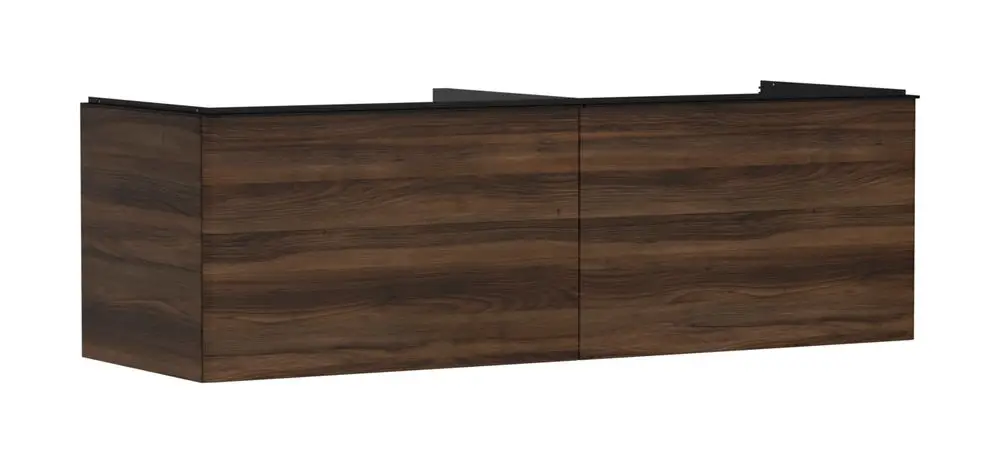 Waschtischunterschrank aus Holz in Nussbaum-Dunkel, mit zwei Schubkästen, geeignet für hansgrohe Waschbecken, geradliniges Design.